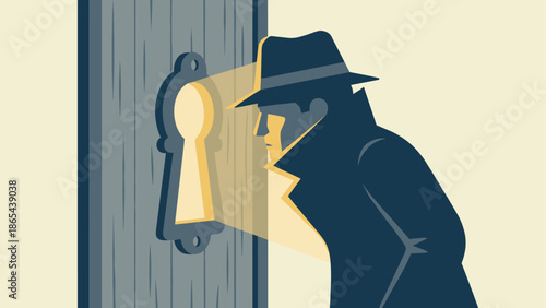 Detective spy looking through keyhole. Curiosity and secret investigation. Flat vector illustration. Mystery peeping man. Private surveillance and hidden truth. Spying concept