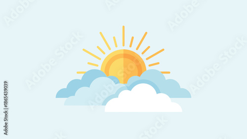 Stylized sun rising behind clouds. Hope and optimism concept. Flat vector illustration. Weather icon. Morning sunrise daybreak. Bright sunshine blue sky. Summer sunlight symbol.