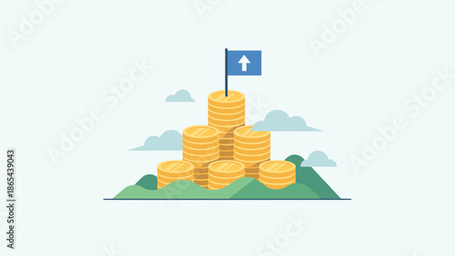 Financial success concept. Gold coin stack mountain. Flag on top. Wealth accumulation. Goal achievement. Business profit growth. Investment peak. Money. Flat vector illustration.