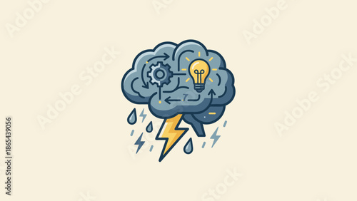 Brainstorming concept vector. Stylized brain cloud with lightning bolt. Creative mind idea with lightbulb and gear. Mental storm thinking process. Innovation strategy symbol.