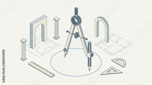 Geometry concept. Large compass drawing circle. Architectural engineering tool. Precision drafting instrument. Technical design. Mathematics accuracy. Architect equipment.