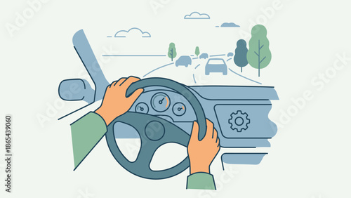 Person hands holding steering wheel driving car. Driver point of view. Vehicle control concept. Automobile road trip journey. Transport dashboard. Flat vector illustration.