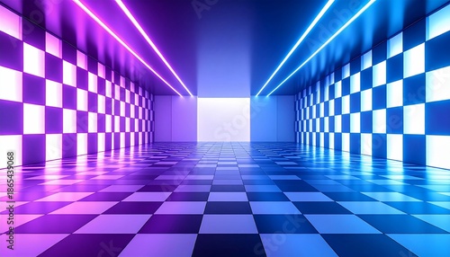 Futuristic corridor with checkerboard walls and floor, neon lights, and bright exit