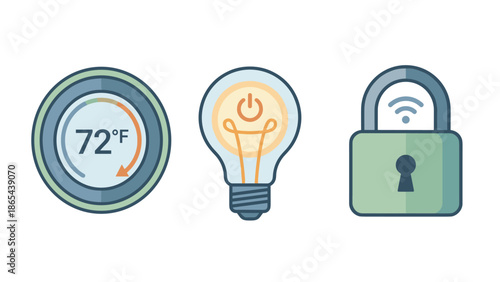 Smart home icons set. Thermostat, lightbulb, wifi lock. IoT automation vector. Internet of things technology. Wireless house control. Energy efficiency. Digital security system.