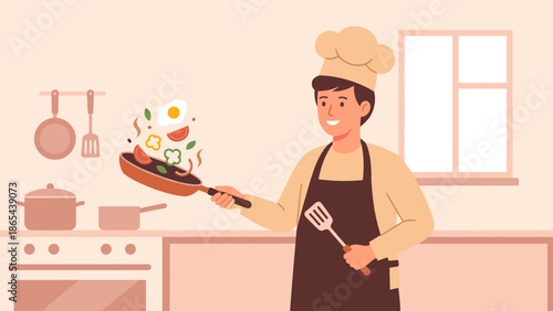 Happy male chef cooking with frying pan and spatula in kitchen. Man tossing vegetables and egg. Professional cook in apron preparing meal. Culinary flat vector illustration design.