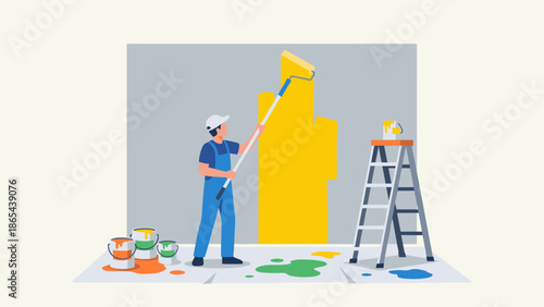 Professional painter man applying yellow color on wall with roller. Home renovation service. Interior design concept. Construction worker DIY house improvement. Flat vector illustration.
