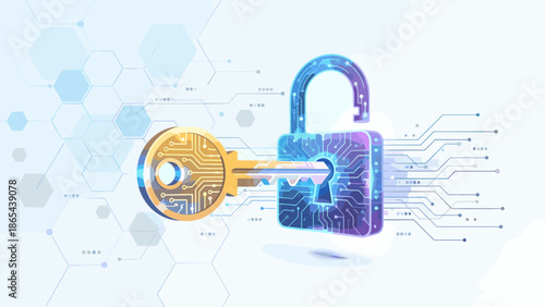 Cyber security concept. Golden key opening digital padlock. Electronic circuit. Data protection. Encryption access. Internet safety. Unlock technology. Network privacy. Secure login.