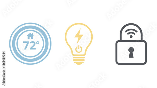 Smart home icons. Minimalist thermostat temperature. Lightbulb power. Wifi security padlock. Internet of things IoT automation. Flat vector illustration. Modern technology system.