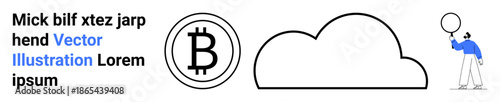 Bitcoin icon beside a large cloud shape and person holding balloon. Ideal for cryptocurrency concept, cloud storage, digital assets, minimalism, innovation, finance, simple landing page