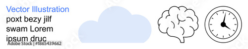 Technology, mental health, time management, memory, innovation, brainstorming. Simplified cloud, brain and clock shapes in minimal style. Technology and mental health conceptual idea