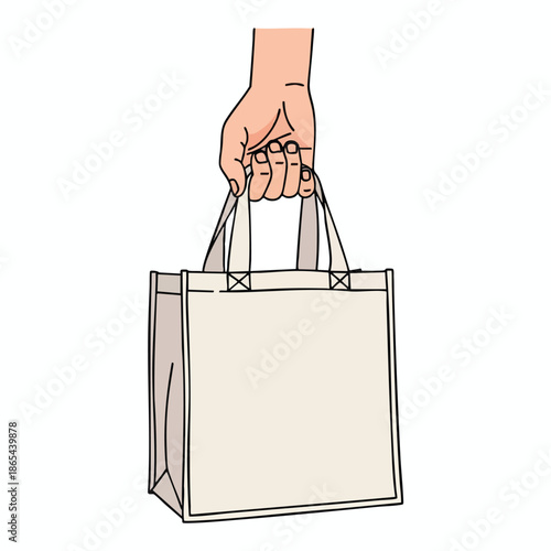 Vector illustration of a hand holding a reusable tote bag on a white background