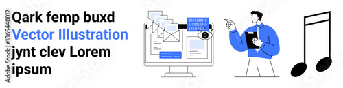 Digital communication, workflow, music production, media sharing, online education, office management. Computer with email, person pointing and music notes. Digital communication and workflow