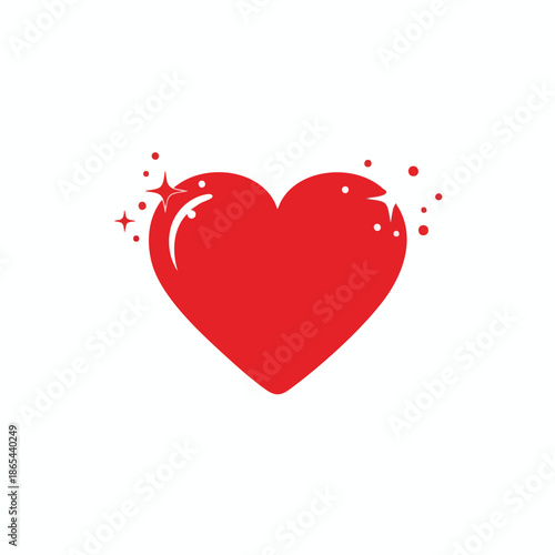 A vibrant red heart shape with sparkling stars and dots on a white background