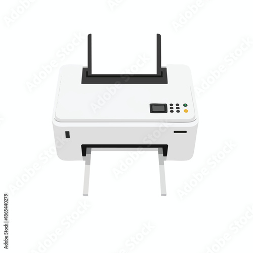 A top-down view of a white printer with paper in input and output trays