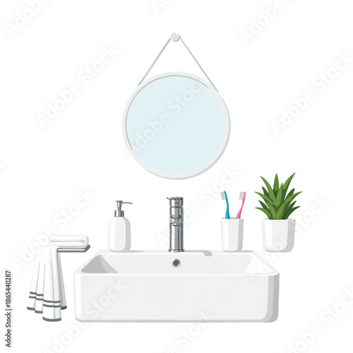 Bathroom with sink, mirror, toiletries, towels, and a plant