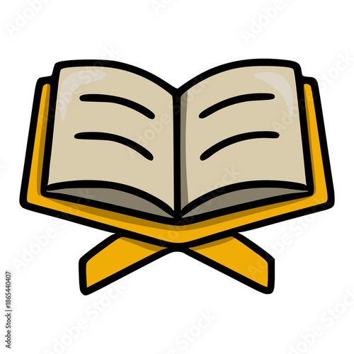 Simple vector illustration of an open book on a yellow stand, representing knowledge and learning.