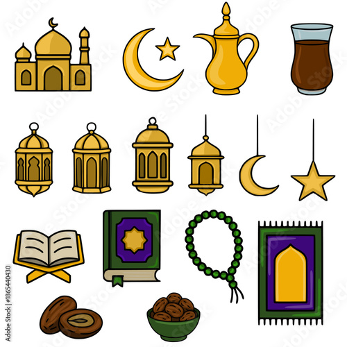 A curated collection of Islamic cultural symbols, including a mosque, crescent moon, star, prayer rug, Quran, dates, and lanterns, presented as a flat design vector illustration.