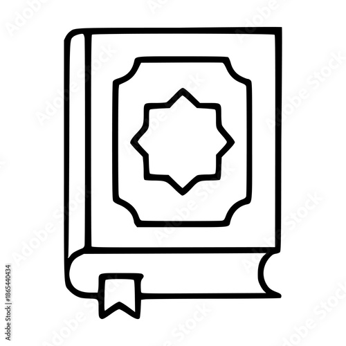 Hand-drawn vector illustration of a closed book with a bookmark, featuring an ornate geometric star design on its cover.