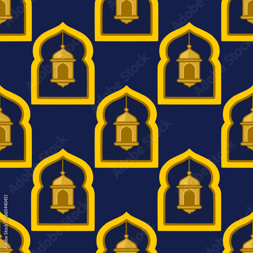 Seamless Islamic pattern vector with golden archways and hanging lanterns on a deep blue background, evoking a festive Ramadan atmosphere.