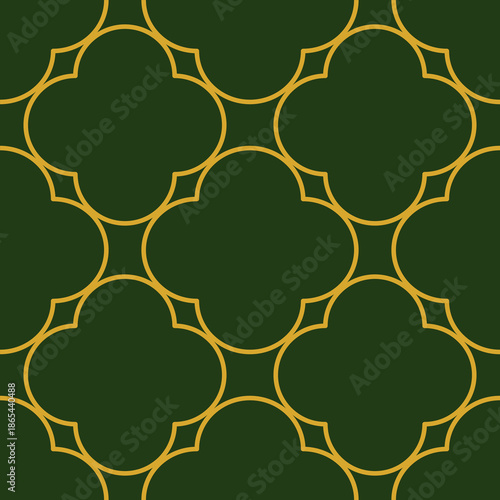 Seamless vector pattern featuring a geometric quatrefoil design with flowing gold lines on a deep green background.