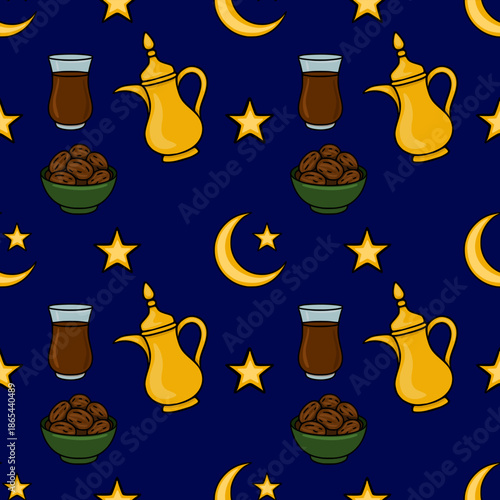 Seamless vector pattern featuring traditional Middle Eastern tea pots, dates in bowls, and celestial elements like moons and stars on a deep blue background, evoking a festive Ramadan or Eid atm...