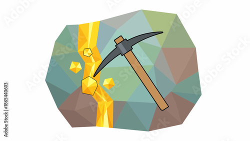 Cartoon Pickaxe Striking Gold Vein in Rock Formation Illustration.