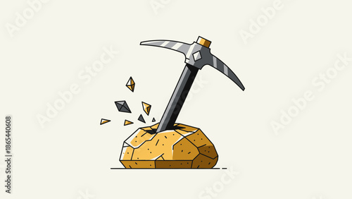 Cartoon Pickaxe Striking a Rock with Flying Debris.