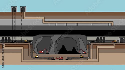 Cartoon Underground Mine with Cave and Mining Equipment.