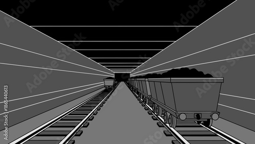Coal Mine Cart on Tracks in Dark Tunnel Illustration.