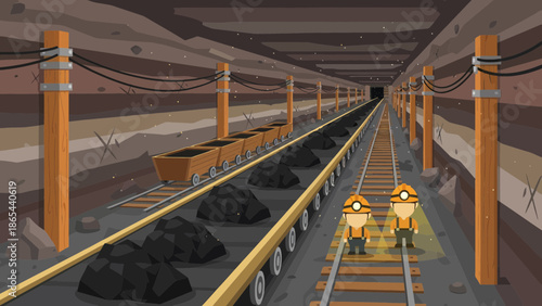 Coal Mine Interior with Train and Coal Carts.