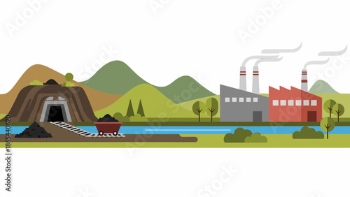 Coal Mining and Industrial Factory Landscape Illustration.