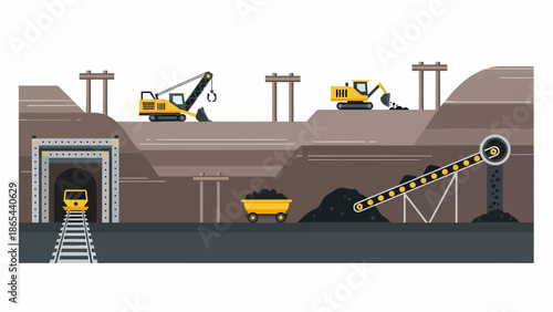 Coal Mining Operation with Machinery and Transportation.
