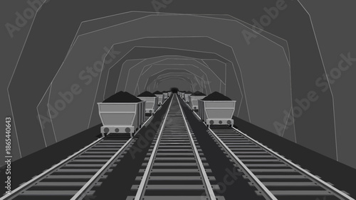Coal Mine Carts on Tracks in a Dark Tunnel.