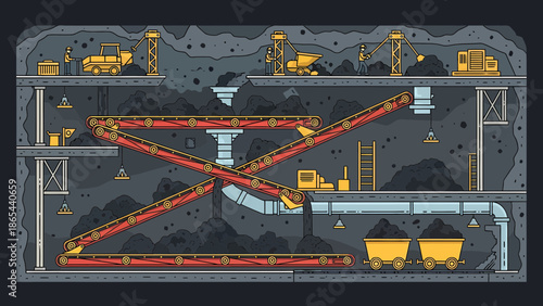Detailed Illustration of a Coal Mine Interior with Machinery.