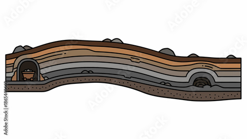 Crosssection of a layered hill with tunnels and caves.