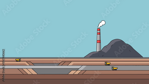 Coal Mining Operation with Trucks and Industrial Chimney Illustration.