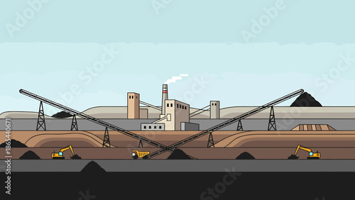 Coal Mining Operation with Conveyor Belts and Excavators Illustration.