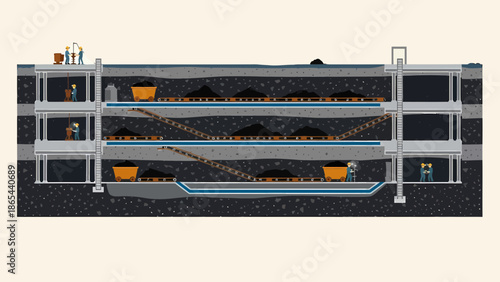 Crosssection of a multilevel underground coal mine.