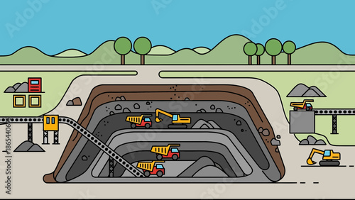 Detailed Illustration of an OpenPit Mine with Heavy Machinery.