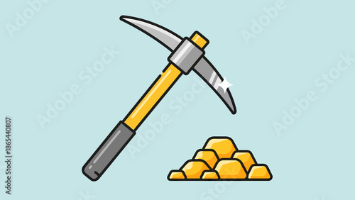 Illustration of a Pickaxe and Gold Nuggets for Mining Concept.