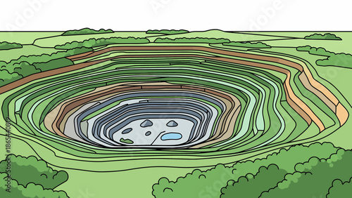 Illustration of a Large OpenPit Mine in a Green Landscape.
