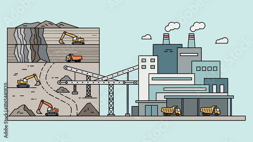 Illustration of a mine and factory with trucks and machinery.