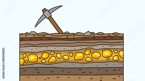 Illustration of a pickaxe mining a gold deposit in the ground.
