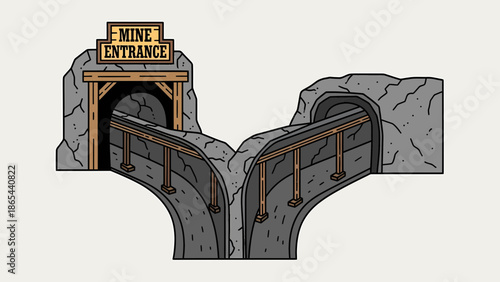 Illustration of a Forked Mine Entrance with Signage.