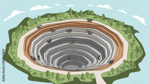 Illustration of a Deep OpenPit Mine with Trucks.