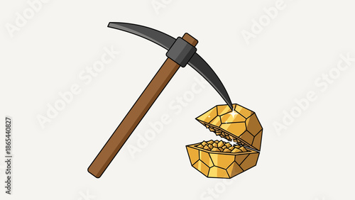Illustration of a Pickaxe Mining a Gold Nugget Treasure.