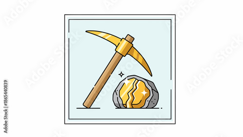 Illustration of a Pickaxe Mining a Gold Nugget in a Square Frame.