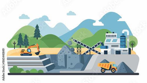 Illustration of a Quarry and Processing Plant in Operation.