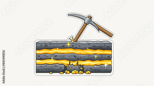 Illustration of Mining Gold with a Pickaxe and Gold Veins.