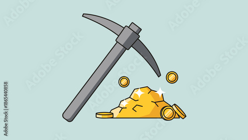 Illustration of Mining Gold with Pickaxe and Gold Coins.